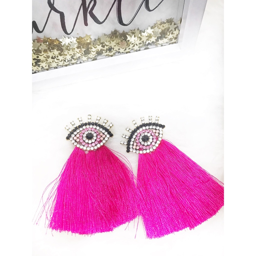Evil Eye Fringe Statement Earrings - Picture 2 of 3